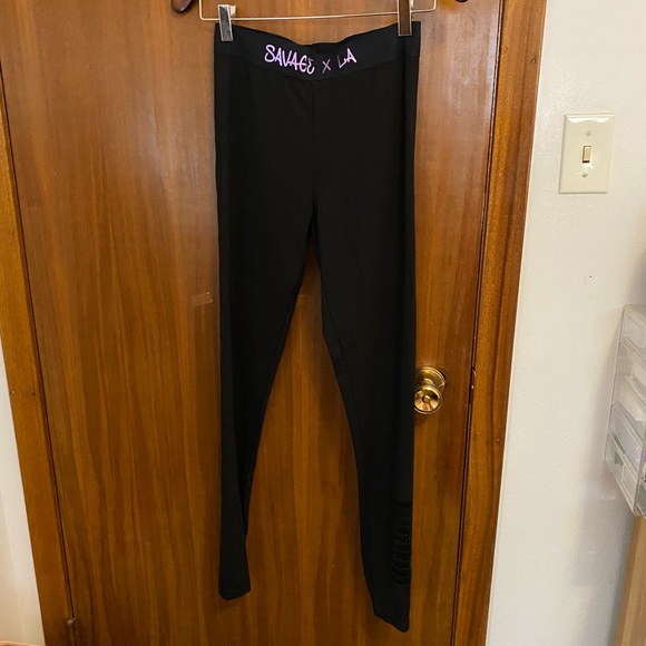 Savage X Fenty LA Black Leggings Pants with Purple Metallic Letters - Picture 1 of 8